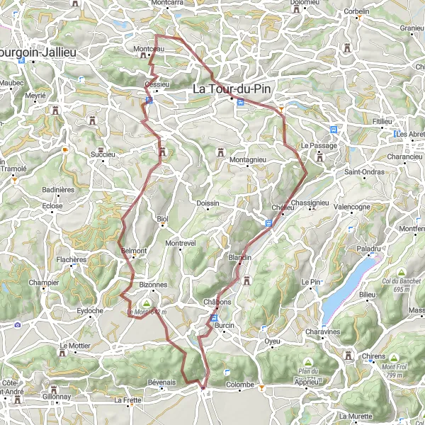 Miniaturní mapa "Gravelová trasa Le Mont - Châbons" inspirace pro cyklisty v oblasti Rhône-Alpes, France. Vytvořeno pomocí plánovače tras Tarmacs.app