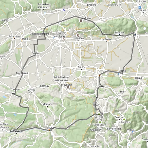 Miniaturní mapa "Cyklotrasa do Saint-Étienne-de-Saint-Geoirs" inspirace pro cyklisty v oblasti Rhône-Alpes, France. Vytvořeno pomocí plánovače tras Tarmacs.app