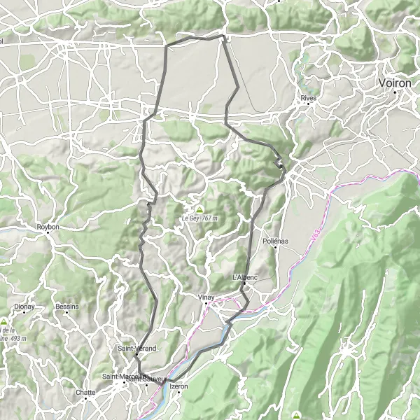 Miniatura della mappa di ispirazione al ciclismo "Giro in bicicletta da Le Grand-Lemps a Bévenais" nella regione di Rhône-Alpes, France. Generata da Tarmacs.app, pianificatore di rotte ciclistiche