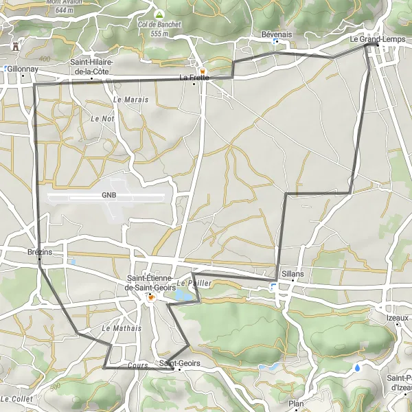 Miniatuurkaart van de fietsinspiratie "Wegroute vanuit Le Grand-Lemps" in Rhône-Alpes, France. Gemaakt door de Tarmacs.app fietsrouteplanner