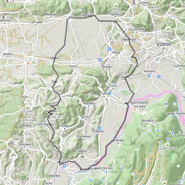 Miniatuurkaart van de fietsinspiratie "Wegfietsen door de natuurlijke schoonheid van Rhône-Alpes" in Rhône-Alpes, France. Gemaakt door de Tarmacs.app fietsrouteplanner