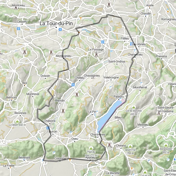 Miniaturní mapa "Okruh kolem Le Grand-Lemps" inspirace pro cyklisty v oblasti Rhône-Alpes, France. Vytvořeno pomocí plánovače tras Tarmacs.app