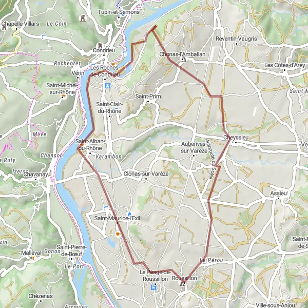 Miniatuurkaart van de fietsinspiratie "Gravelroute naar Cheyssieu" in Rhône-Alpes, France. Gemaakt door de Tarmacs.app fietsrouteplanner