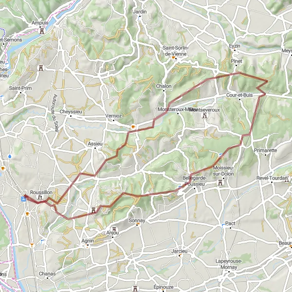 Miniatua del mapa de inspiración ciclista "Ruta de ciclismo de grava desde Le Péage-de-Roussillon" en Rhône-Alpes, France. Generado por Tarmacs.app planificador de rutas ciclistas