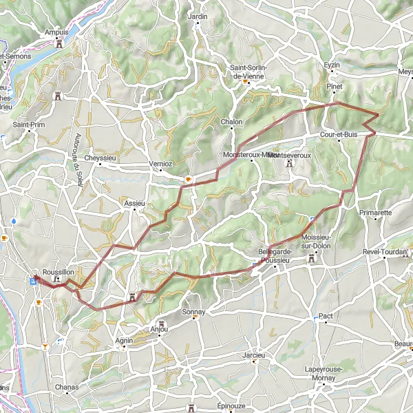 Miniature de la carte de l'inspiration cycliste "Le Péage-de-Roussillon - Monsteroux-Milieu - Bellegarde-Poussieu - Ville-sous-Anjou - L'Enclos" dans la Rhône-Alpes, France. Générée par le planificateur d'itinéraire cycliste Tarmacs.app