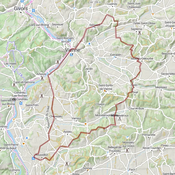 Miniatura mapy "Trasa gravelowa przez wzgórza i zamki" - trasy rowerowej w Rhône-Alpes, France. Wygenerowane przez planer tras rowerowych Tarmacs.app