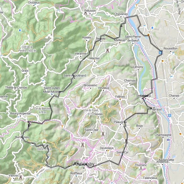 Miniatua del mapa de inspiración ciclista "Ruta de las colinas en bicicleta" en Rhône-Alpes, France. Generado por Tarmacs.app planificador de rutas ciclistas