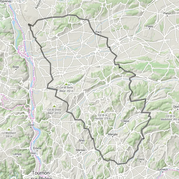 Miniatura della mappa di ispirazione al ciclismo "Giro panoramico attraverso La Chapelle-de-Surieu e Albon" nella regione di Rhône-Alpes, France. Generata da Tarmacs.app, pianificatore di rotte ciclistiche