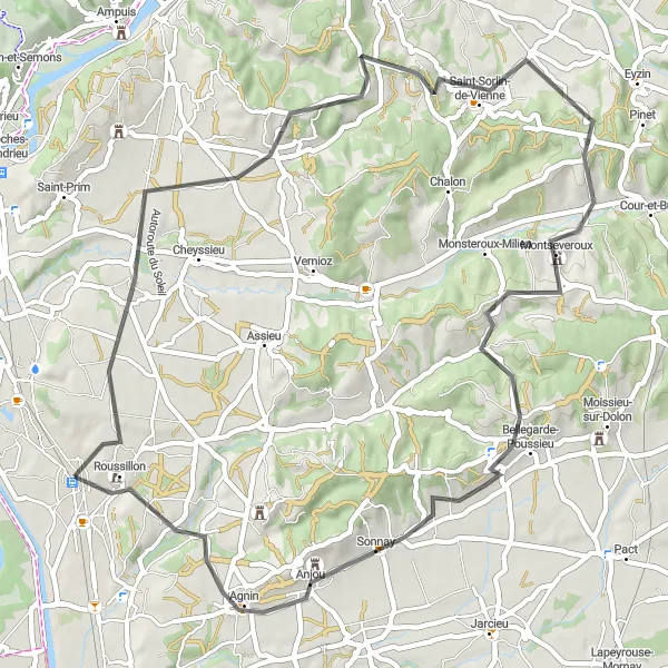 Miniatua del mapa de inspiración ciclista "Ruta de Les Côtes-d'Arey y Château de Roussillon" en Rhône-Alpes, France. Generado por Tarmacs.app planificador de rutas ciclistas