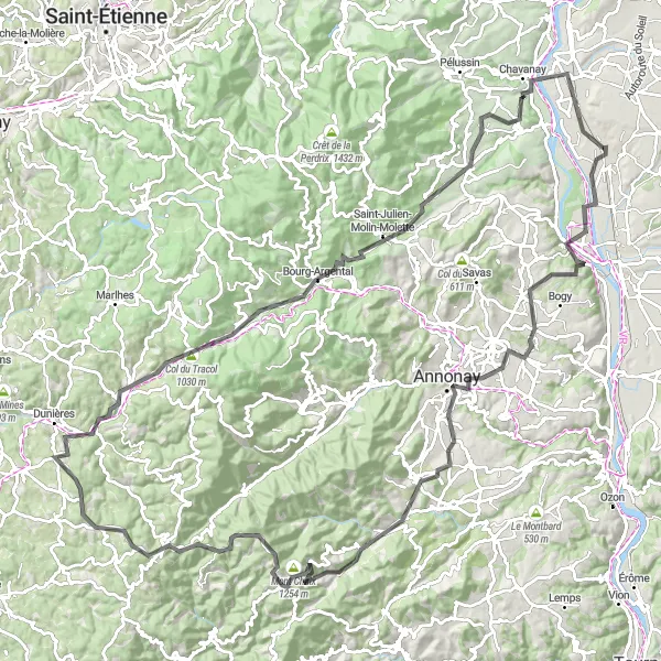 Miniature de la carte de l'inspiration cycliste "Route des Monts D'Ardeche" dans la Rhône-Alpes, France. Générée par le planificateur d'itinéraire cycliste Tarmacs.app