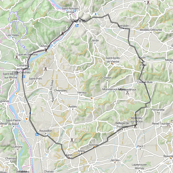 Miniatua del mapa de inspiración ciclista "Ruta de ciclismo de carretera desde Le Péage-de-Roussillon" en Rhône-Alpes, France. Generado por Tarmacs.app planificador de rutas ciclistas