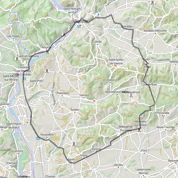 Miniatuurkaart van de fietsinspiratie "Tocht naar Château de Roussillon" in Rhône-Alpes, France. Gemaakt door de Tarmacs.app fietsrouteplanner