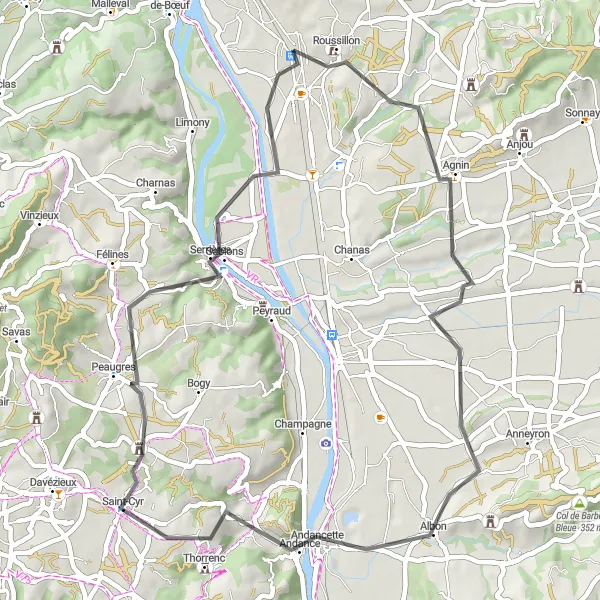 Karttaminiaatyyri "Ranskan nummen ympäri" pyöräilyinspiraatiosta alueella Rhône-Alpes, France. Luotu Tarmacs.app pyöräilyreittisuunnittelijalla