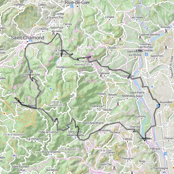 Kartminiatyr av "Upplev det natursköna landskapet på din cykeltur" cykelinspiration i Rhône-Alpes, France. Genererad av Tarmacs.app cykelruttplanerare