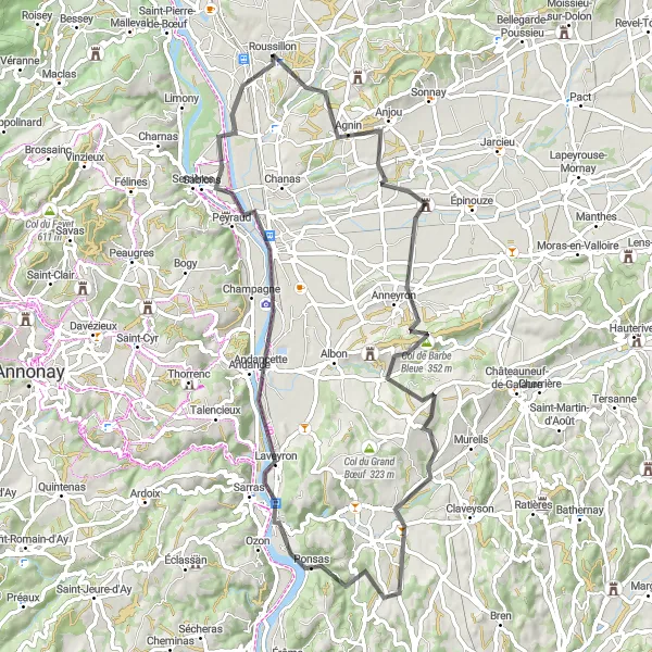 Miniatura della mappa di ispirazione al ciclismo "Giro delle Colline di La Motte-de-Galaure" nella regione di Rhône-Alpes, France. Generata da Tarmacs.app, pianificatore di rotte ciclistiche