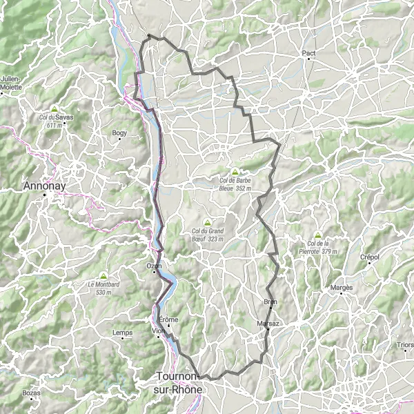 Miniaturekort af cykelinspirationen "Kulturarv og Naturskønhed langs Rhône" i Rhône-Alpes, France. Genereret af Tarmacs.app cykelruteplanlægger