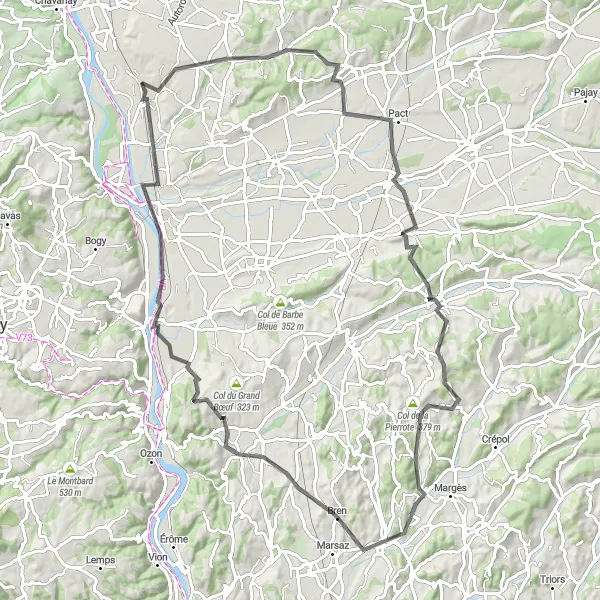 Miniatura della mappa di ispirazione al ciclismo "Avventuroso giro in bicicletta su strade asfaltate nei dintorni di Le Péage-de-Roussillon" nella regione di Rhône-Alpes, France. Generata da Tarmacs.app, pianificatore di rotte ciclistiche