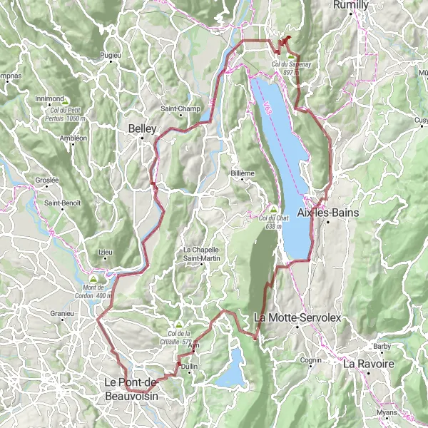 Miniature de la carte de l'inspiration cycliste "Les Montagnes du Lac" dans la Rhône-Alpes, France. Générée par le planificateur d'itinéraire cycliste Tarmacs.app