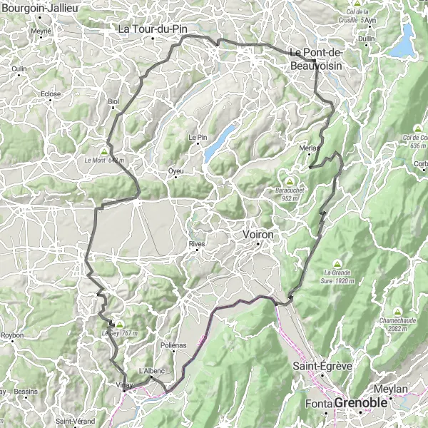 Miniature de la carte de l'inspiration cycliste "Boucle des Mille Martyrs" dans la Rhône-Alpes, France. Générée par le planificateur d'itinéraire cycliste Tarmacs.app