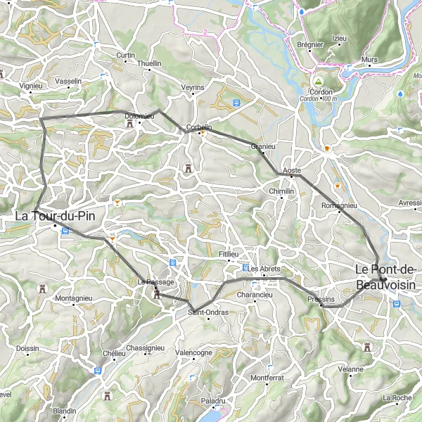 Miniature de la carte de l'inspiration cycliste "La Route des Villages" dans la Rhône-Alpes, France. Générée par le planificateur d'itinéraire cycliste Tarmacs.app