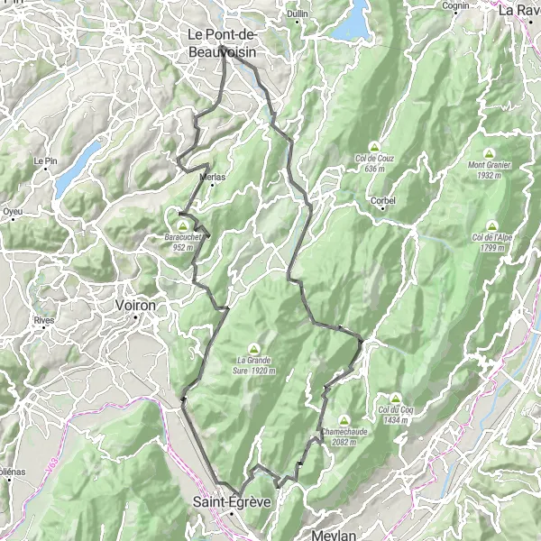 Miniaturní mapa "Zajímavá cyklistická cesta poblíž Le Pont-de-Beauvoisin" inspirace pro cyklisty v oblasti Rhône-Alpes, France. Vytvořeno pomocí plánovače tras Tarmacs.app