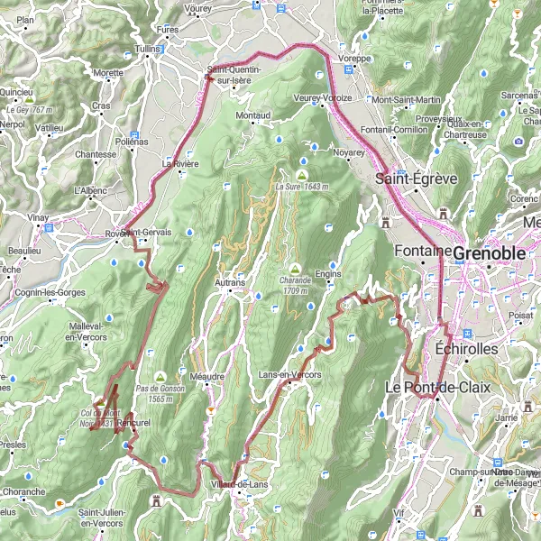 Miniatua del mapa de inspiración ciclista "Ruta de ciclismo de grava a Villard-de-Lans" en Rhône-Alpes, France. Generado por Tarmacs.app planificador de rutas ciclistas