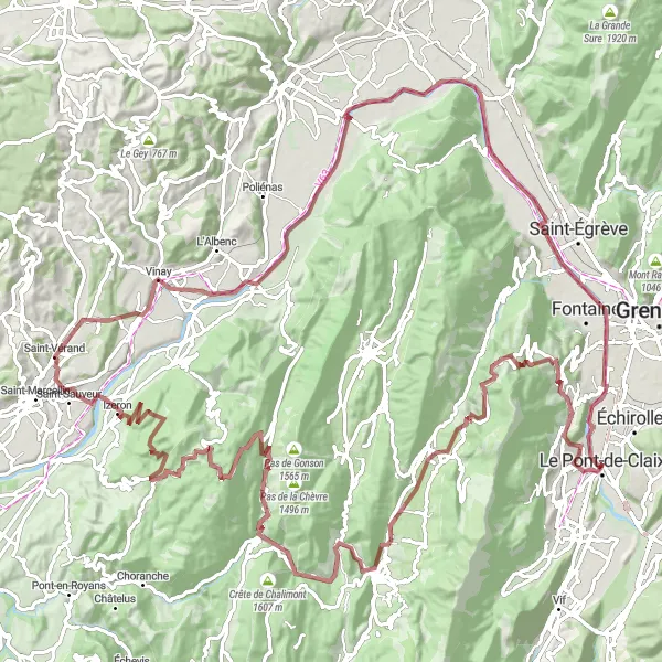 Miniaturní mapa "Gravel Route to Valchevrière" inspirace pro cyklisty v oblasti Rhône-Alpes, France. Vytvořeno pomocí plánovače tras Tarmacs.app