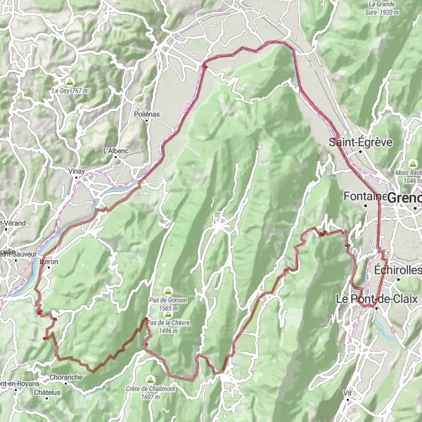 Miniatua del mapa de inspiración ciclista "Aventura en bicicleta de grava desde Le Pont-de-Claix" en Rhône-Alpes, France. Generado por Tarmacs.app planificador de rutas ciclistas