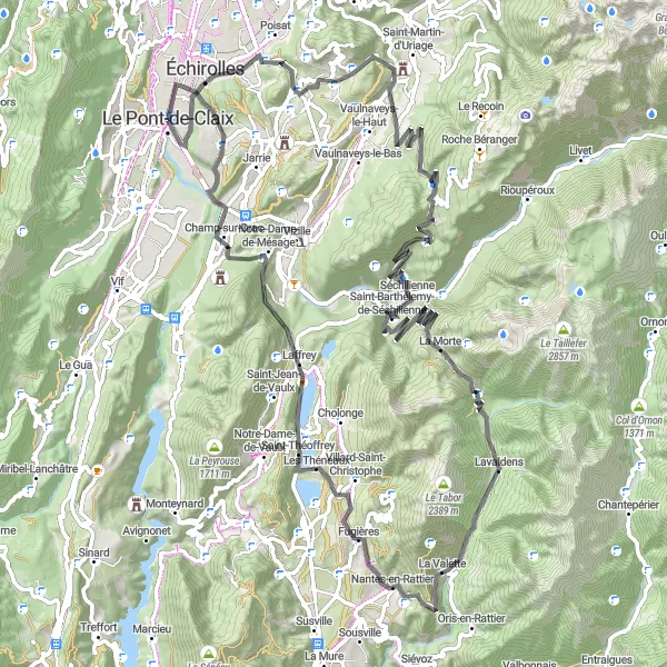 Miniatua del mapa de inspiración ciclista "Travesía ciclista a La Morte y al Rocher du Château" en Rhône-Alpes, France. Generado por Tarmacs.app planificador de rutas ciclistas
