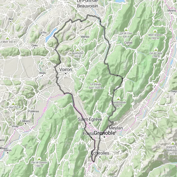 Zemljevid v pomanjšavi "Vožnja v okolici Le Pont-de-Claix - cesta" kolesarske inspiracije v Rhône-Alpes, France. Generirano z načrtovalcem kolesarskih poti Tarmacs.app