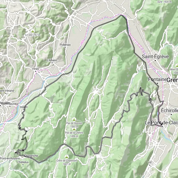 Miniaturní mapa "Road Route to Les Trois Pucelles" inspirace pro cyklisty v oblasti Rhône-Alpes, France. Vytvořeno pomocí plánovače tras Tarmacs.app
