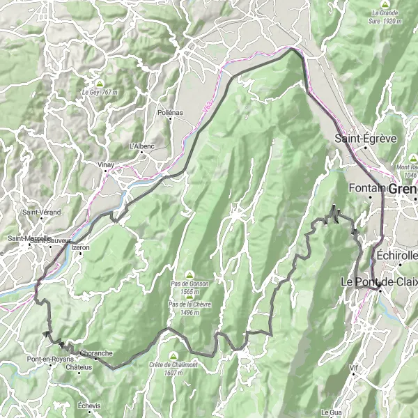 Miniatua del mapa de inspiración ciclista "Ruta desafiante de ciclismo por carretera en los alrededores de Le Pont-de-Claix" en Rhône-Alpes, France. Generado por Tarmacs.app planificador de rutas ciclistas