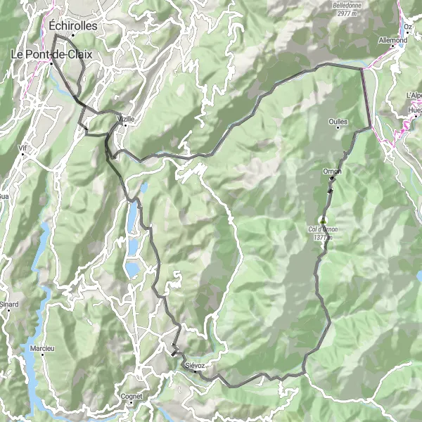 Karttaminiaatyyri "Haastava Kierros Le Pont-de-Claixin läheisyydessä" pyöräilyinspiraatiosta alueella Rhône-Alpes, France. Luotu Tarmacs.app pyöräilyreittisuunnittelijalla