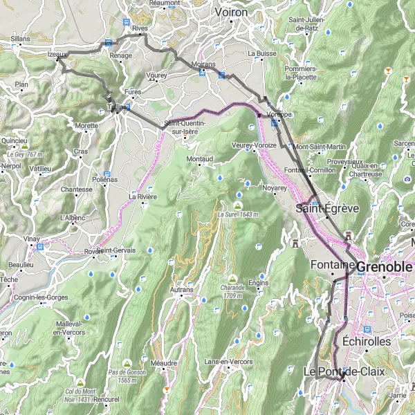 Miniatua del mapa de inspiración ciclista "Circuito escénico en bicicleta por carretera alrededor de Le Pont-de-Claix" en Rhône-Alpes, France. Generado por Tarmacs.app planificador de rutas ciclistas
