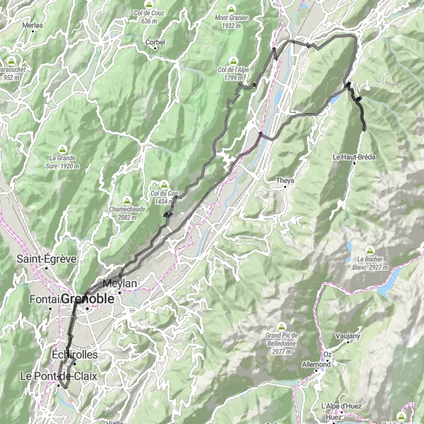 Miniatua del mapa de inspiración ciclista "Circuito por Grenoble y sus alrededores" en Rhône-Alpes, France. Generado por Tarmacs.app planificador de rutas ciclistas