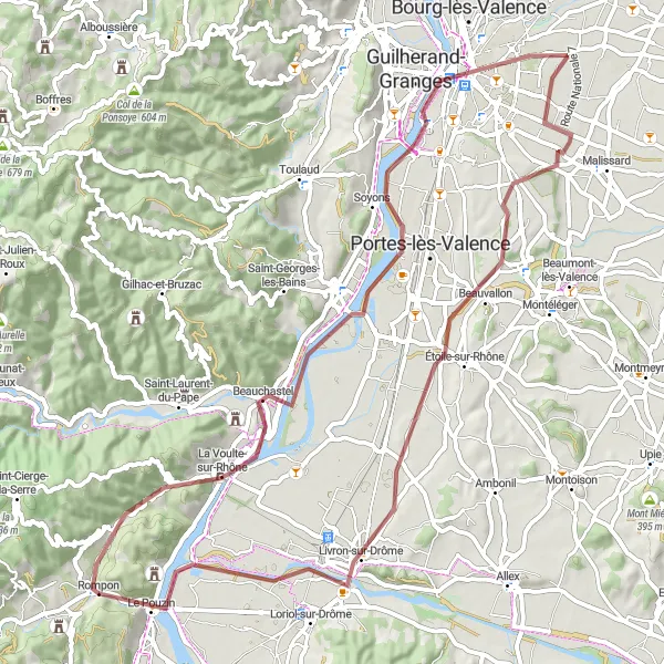 Kartminiatyr av "Grusväg genom Valence" cykelinspiration i Rhône-Alpes, France. Genererad av Tarmacs.app cykelruttplanerare