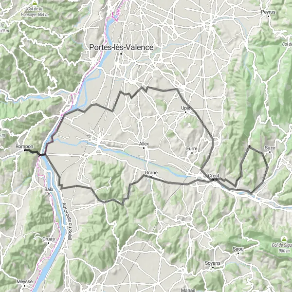 Zemljevid v pomanjšavi "Krožna kolesarska pot od Le Pouzina do La Voulte-sur-Rhône" kolesarske inspiracije v Rhône-Alpes, France. Generirano z načrtovalcem kolesarskih poti Tarmacs.app