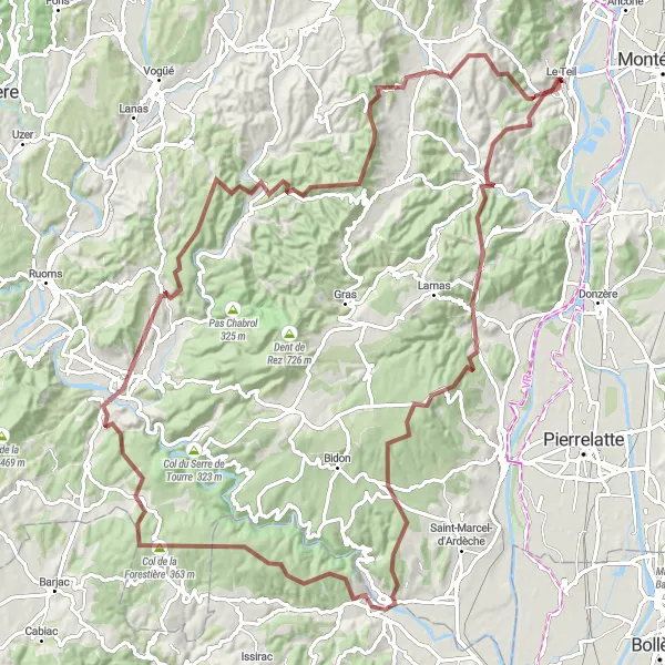 Map miniature of "Gravel Route through Saint-Montan, Aiguèze, Col de la Forestière, and Vallon-Pont-d'Arc" cycling inspiration in Rhône-Alpes, France. Generated by Tarmacs.app cycling route planner