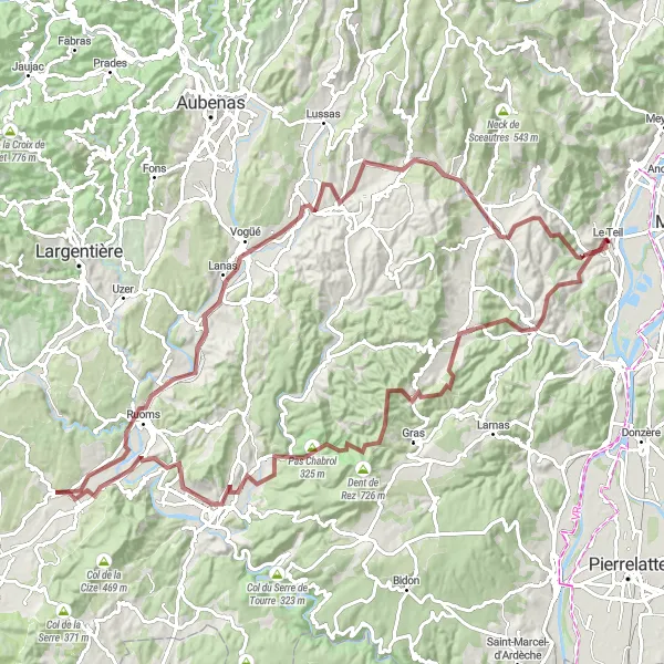 Map miniature of "Valvignères Gravel Adventure" cycling inspiration in Rhône-Alpes, France. Generated by Tarmacs.app cycling route planner