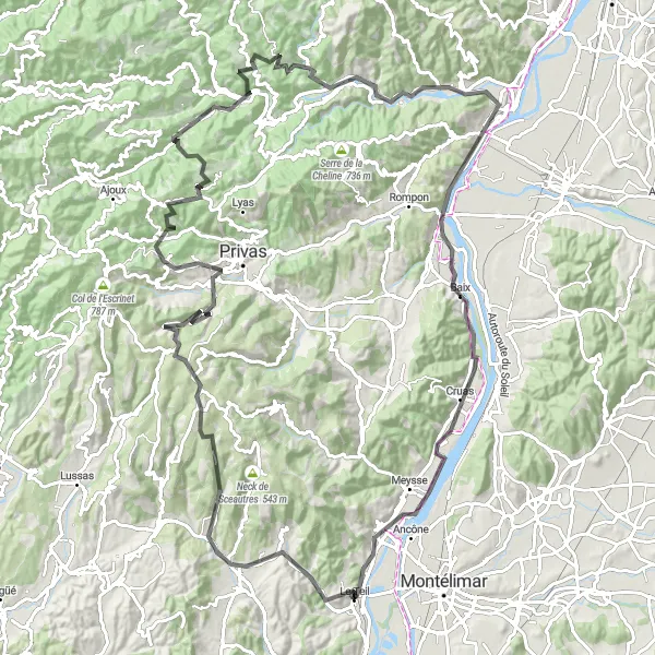 Map miniature of "The Gallo-Roman Road" cycling inspiration in Rhône-Alpes, France. Generated by Tarmacs.app cycling route planner