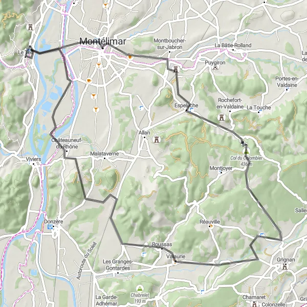 Map miniature of "Montélimar Loop" cycling inspiration in Rhône-Alpes, France. Generated by Tarmacs.app cycling route planner