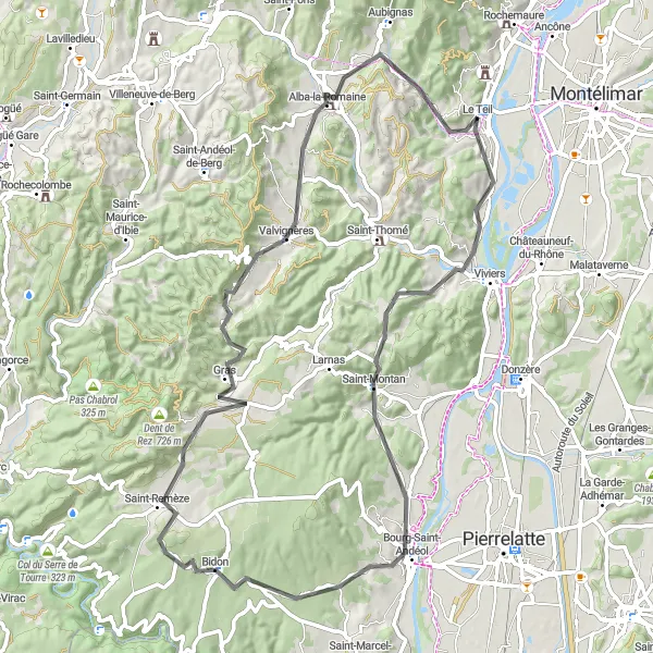 Map miniature of "Road Route through Saint-Montan, Vallon de Tourne, Bidon, Gras, and Alba-la-Romaine" cycling inspiration in Rhône-Alpes, France. Generated by Tarmacs.app cycling route planner