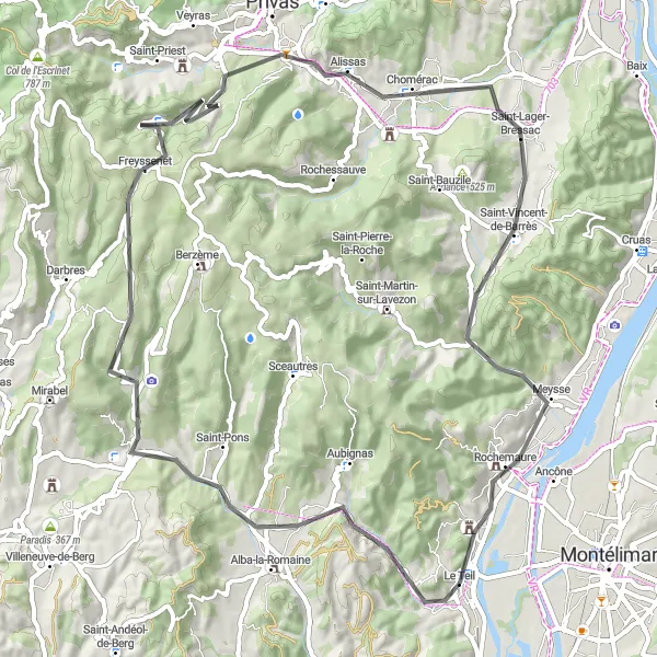 Map miniature of "Road Route through Saint-Jean-le-Centenier, Freyssenet, Col du Benas, Chomérac, and Meysse" cycling inspiration in Rhône-Alpes, France. Generated by Tarmacs.app cycling route planner