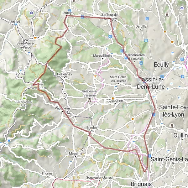 Miniatua del mapa de inspiración ciclista "Ruta de Grava a través de Charbonnières-les-Bains a Lentilly" en Rhône-Alpes, France. Generado por Tarmacs.app planificador de rutas ciclistas