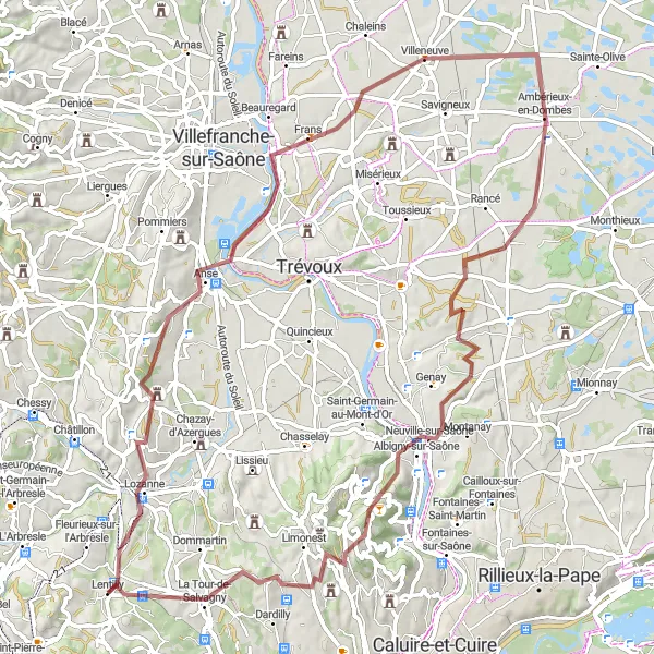 Miniatua del mapa de inspiración ciclista "Ruta de ciclismo de grava desde Lentilly a través de Lozanne y La Tour-de-Salvagny" en Rhône-Alpes, France. Generado por Tarmacs.app planificador de rutas ciclistas