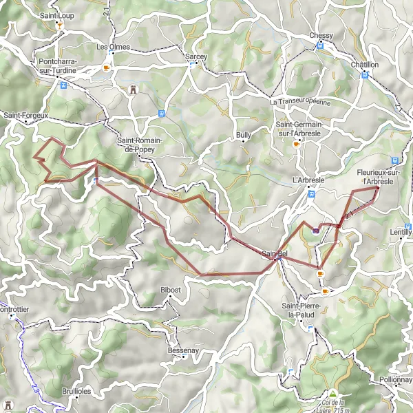 Miniatua del mapa de inspiración ciclista "Ruta de ciclismo de grava desde Lentilly a través de Saint-Romain-de-Popey y Fleurieux-sur-l'Arbresle" en Rhône-Alpes, France. Generado por Tarmacs.app planificador de rutas ciclistas