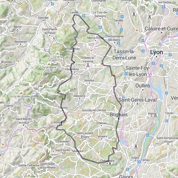 Miniatua del mapa de inspiración ciclista "Ruta de ciclismo en carretera desde Lentilly a través de Saint-Genis-les-Ollières y Saint-Laurent-de-Vaux" en Rhône-Alpes, France. Generado por Tarmacs.app planificador de rutas ciclistas