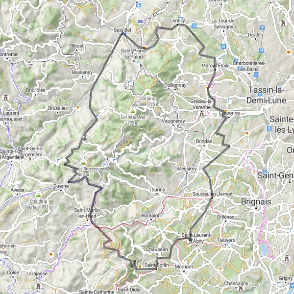 Miniature de la carte de l'inspiration cycliste "Parcours des Monts du Lyonnais" dans la Rhône-Alpes, France. Générée par le planificateur d'itinéraire cycliste Tarmacs.app