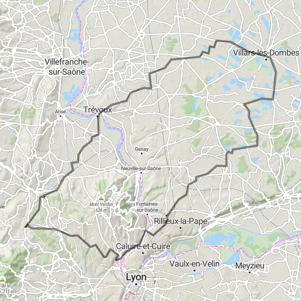 Miniatua del mapa de inspiración ciclista "Gran recorrido en bicicleta por Lozanne y alrededores" en Rhône-Alpes, France. Generado por Tarmacs.app planificador de rutas ciclistas