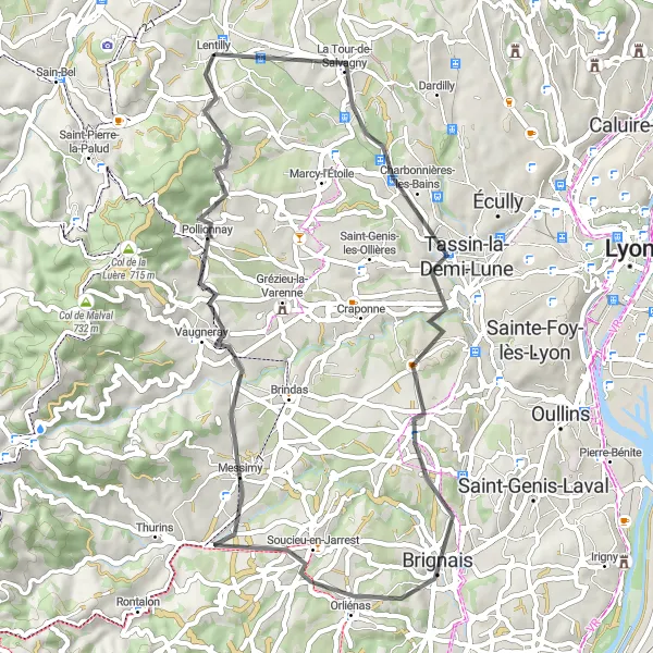 Map miniature of "Charbonnières-les-Bains Loop" cycling inspiration in Rhône-Alpes, France. Generated by Tarmacs.app cycling route planner